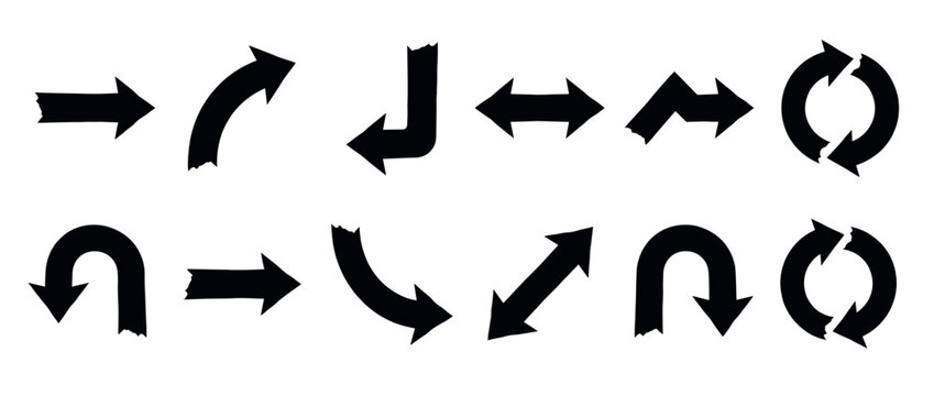 Collection of black arrow icons in various shapes and directions, including straight, curved, and circular designs, with a textured, hand-drawn appearance.