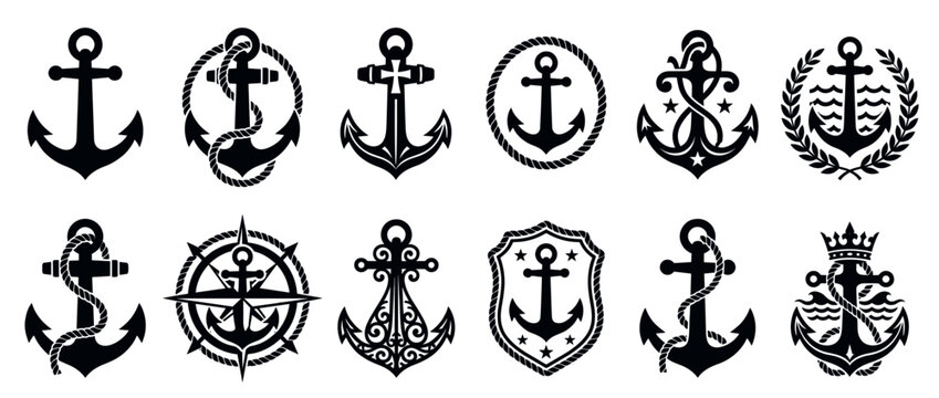 Anchor icons collection with various nautical marine symbols and decorative elements for maritime design projects and branding.