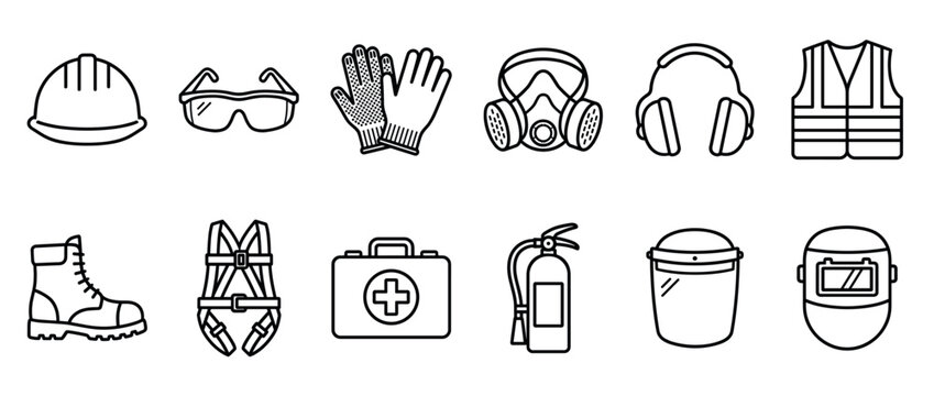 Personal protective equipment safety gear icons collection for industrial work, construction, and workplace safety regulations.