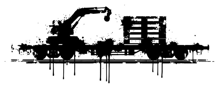 Train cargo wagon with crane and industrial equipment in ink splatter style
