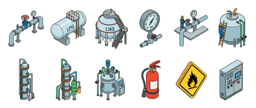 Industrial equipment and chemical plant machinery set with gas tanks, pipes, and safety elements in isometric vector illustration.