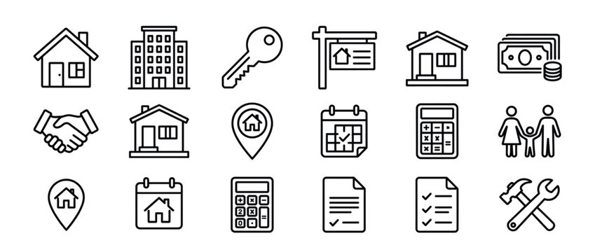 Real estate icons vector set illustrating concepts of property, finance, family, and maintenance for home ownership services.
