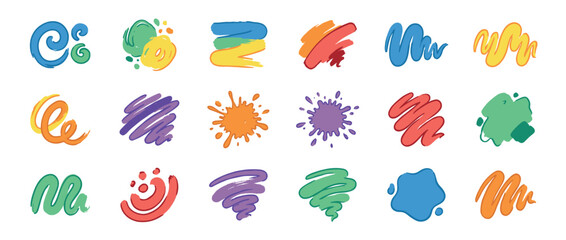 Obraz premium Vibrant collection of abstract hand-drawn brush strokes, paint splatters, and artistic design elements in various colors.