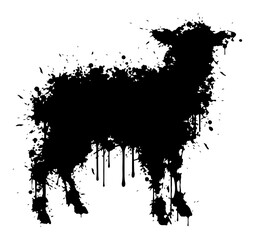 Obraz premium Lamb silhouette with messy black ink splatter and paint drip effects