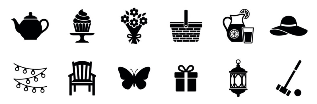 Collection of outdoor party and summer gathering icons including teapot, cupcake, flowers, picnic basket, lemonade, hat, lights, chair, butterfly, gift, lantern, and croquet.