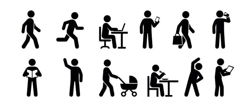 Stick figures engaged in various daily activities and common human actions, illustrating a diverse range of everyday routines and behaviors.