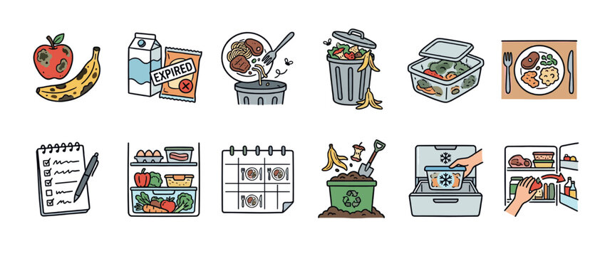 Food waste and management icons showing spoiled produce, expired products, leftovers, trash, composting, meal planning, and proper storage solutions.