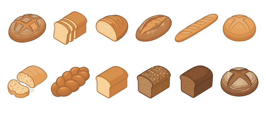 Various types of bread loaves and baked goods in an isometric cartoon style, representing different bakery products.