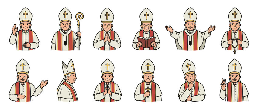 Cartoon illustration set of a pope or bishop character in various poses and actions, depicting religious leadership and spiritual activities.