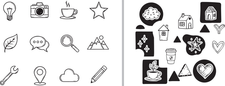 Hand drawn doodle icon set featuring lifestyle and business elements in black and white