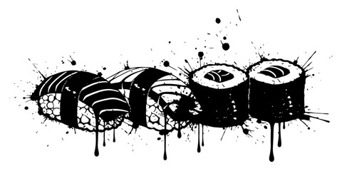 Sushi nigiri and maki rolls with artistic ink splatter effects © Wuszu