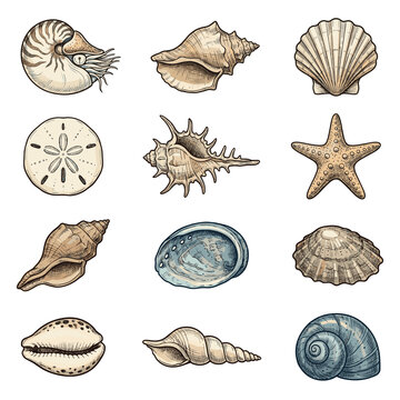 Beautiful collection of diverse seashells, sand dollar, and starfish illustrations showcasing various marine life forms and ocean treasures.
