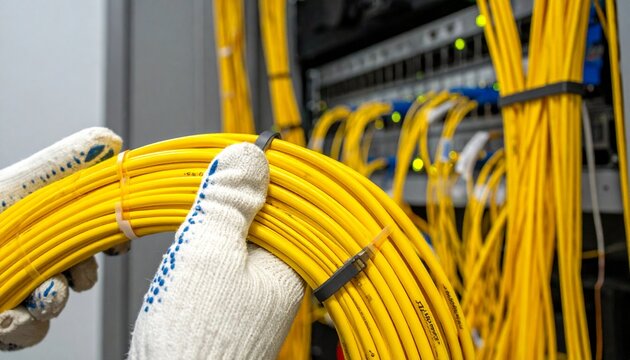 A technician handling a bundle of yellow network cables in a server room