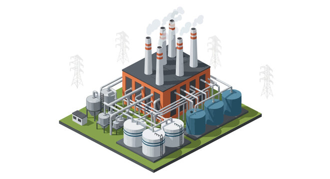 Isometric view of an industrial factory with multiple smokestacks and storage tanks, representing manufacturing and production processes