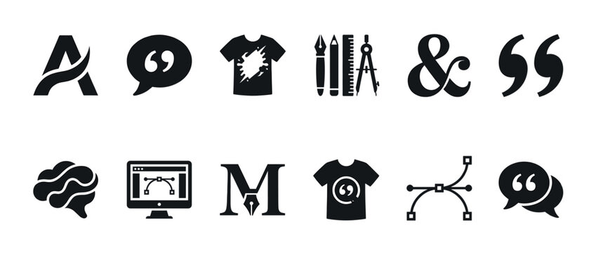 Collection of graphic design and typography icons representing creativity, digital art, and professional tools for designers.