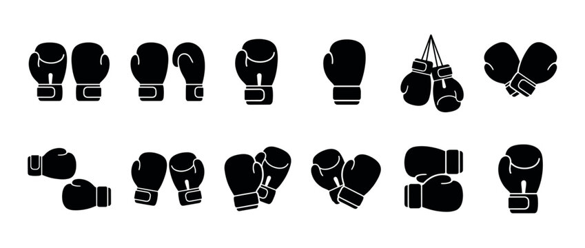 Boxing gloves icon set featuring various black silhouette designs for sports, fitness, and combat themes.