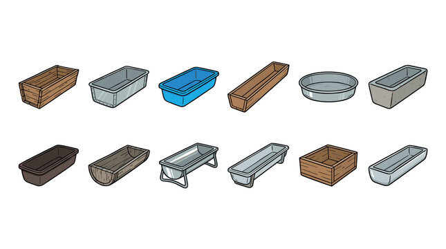 Collection of various garden planters, animal feeding troughs, and storage containers in different materials and shapes.