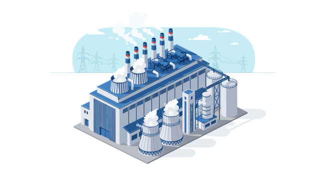 Isometric illustration of a modern industrial factory or power plant complex with cooling towers and smoke stacks, depicting energy production infrastructure