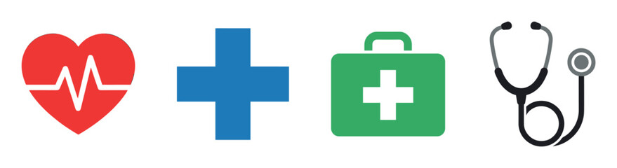 Fototapeta premium Medical icons and healthcare symbols representing health, first aid, and emergency services for various applications.