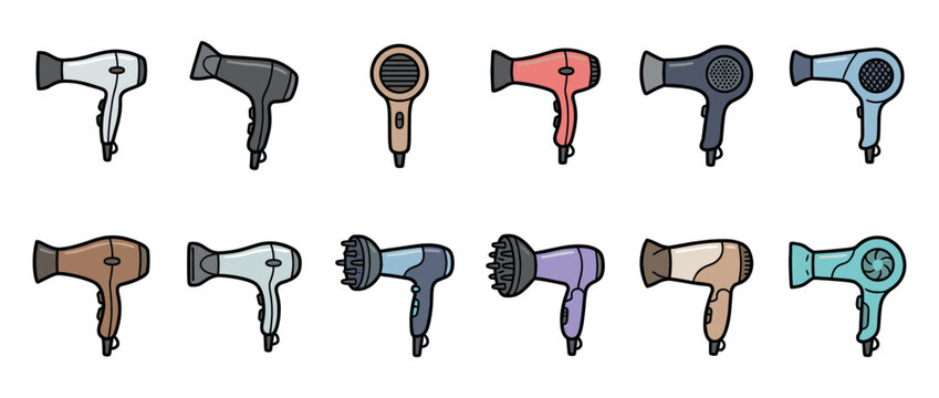 Hair dryers collection in a colorful cartoon style, featuring various models and diffusers for hair styling.