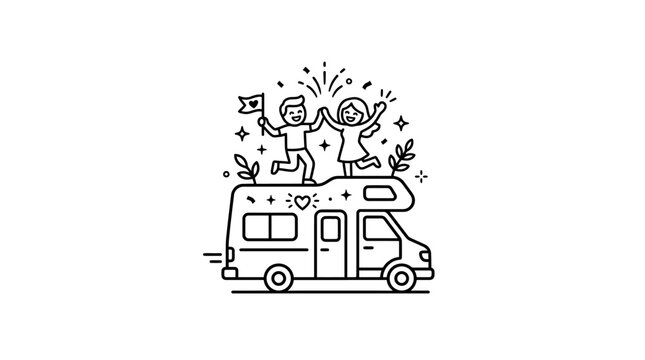 Happy Couple Celebrating on a Campervan