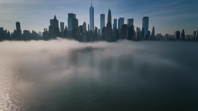 Cinematic FPV drone flying low above river surface toward New York City skyline,