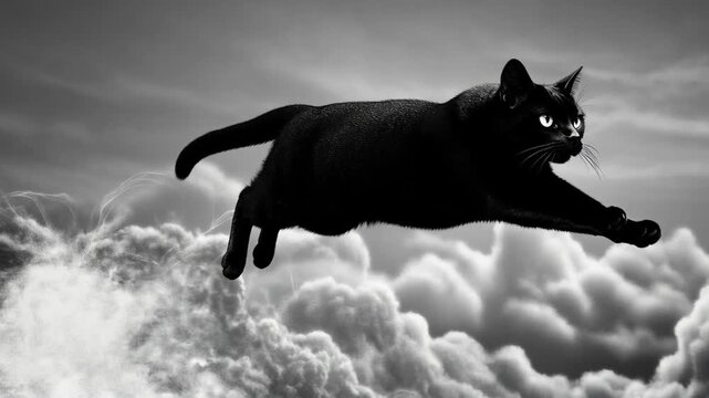 Black Cat Soaring: A sleek, ebony cat gracefully leaps through the ethereal sky, embodying freedom and spirited flight.