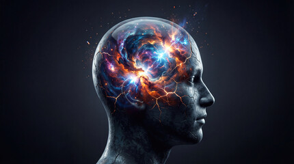 Obraz premium Mental health is a growing concern globally address crisis concept. A surreal representation of a human mind exploring cosmic thoughts.