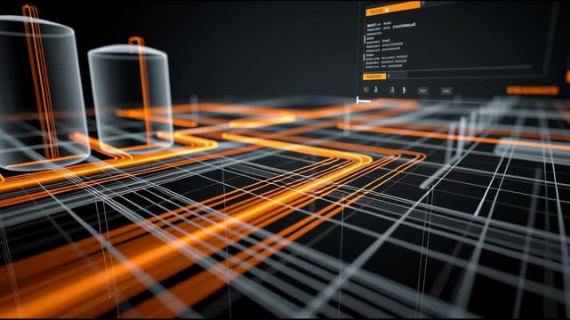 Digital network grid transmitting data packets through orange light trails in a futuristic technology environment with servers and a computer user interface animation