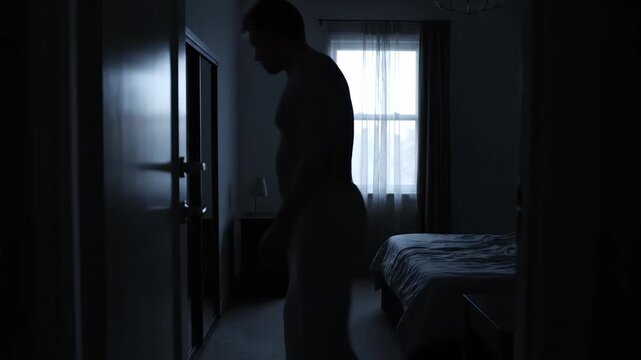 A lone figure navigates through a softly illuminated bedroom, where shadows dance across the walls, evoking a sense of introspection and mystery during the stillness of night.