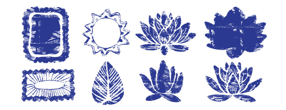 Blue lotus flowers and decorative sun frames in cobalt blockprint style. Zen floral elements and hand-drawn borders for yoga, meditation, and Mediterranean designs. Isolated on white background