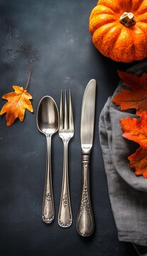 Autumn place setting lifesyle thanksgiving backgroun with cutlery and pumpkins