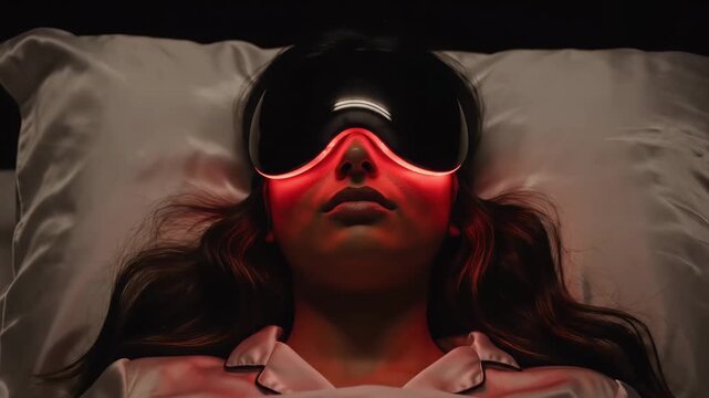 A woman lies peacefully on a bed, her eyes covered with a sleek, high-tech eye mask glowing softly in red. The room is dimly lit, enhancing her meditative state as she embraces the calm.