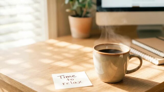 Warm cup of coffee with steam rising, sticky note saying "Time to relax" on wooden desk beside a computer and potted plant in a cozy setting