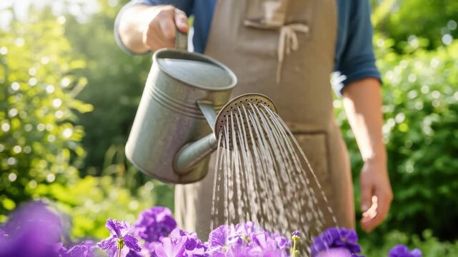 Gardener waters vibrant purple flowers with a metal watering can in a lush garden, showcasing the nurturing process of plant care