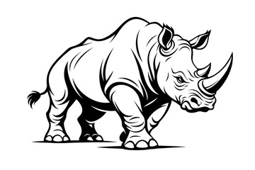 Fototapeta premium A black and white illustration of a rhinoceros in a powerful stance, showcasing its distinctive horn and rugged texture.