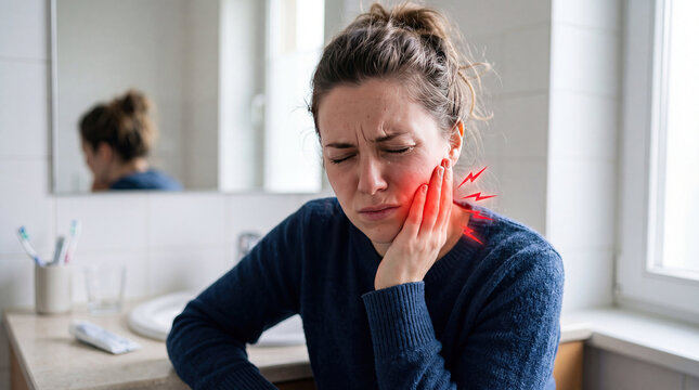 Woman holding cheek showing toothache discomfort and pain concept. A woman experiencing severe tooth pain at home.