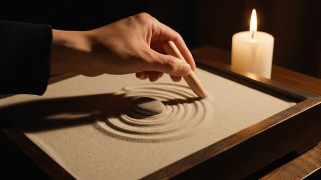 Hands gracefully move across fine sand, tracing swirling patterns that form a beautiful design under the warm glow of a candle. The atmosphere is peaceful and meditative, inviting reflection.