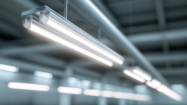 Modern fluorescent tube lighting system on industrial ceiling, bright clean illumination in workspace, energy efficient lighting concept.