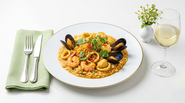 Arroz &agrave; Capixaba de frutos do mar gourmet com camar&otilde;es, lulas e mariscos e farofa de urucum acompanhado de vinho branco