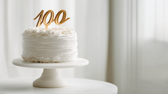 Elegant white cake with golden number 100 topper, celebration concept, anniversary or milestone birthday with minimal aesthetic.