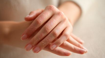 Naklejka premium Close-up of dry cracked female hands with peeling skin. Dehydration, skin damage and dermatology care concept.