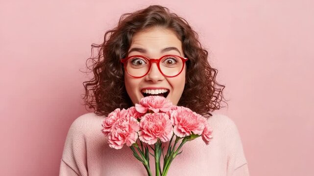 Young woman with curly hair and red glasses joyfully holds bouquet of pink carnations against a soft pink background, expressing delight and surprise