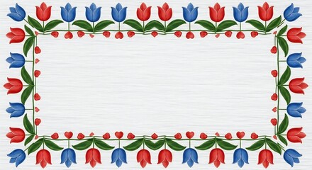Fototapeta premium Decorative Floral Border with Red and Blue Tulips and Green Leaves.