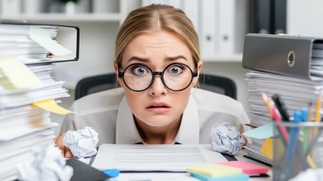 Caucasian woman with glasses looks overwhelmed by paperwork and cluttered desk, surrounded by stacks of documents and crumpled papers