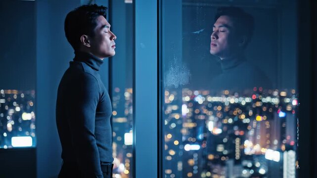 A lone figure stands by a tall window, gazing pensively at the bustling urban landscape below. Night lights twinkle, reflecting the internal struggle of searching for purpose in a fast-paced world.