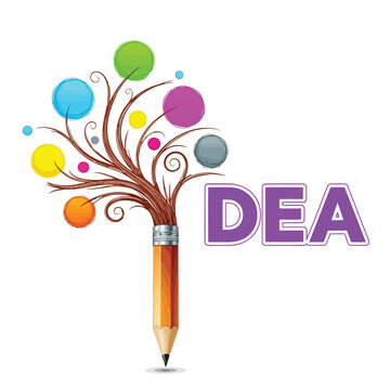 Creative pencil tree with colorful idea bubbles and dea text