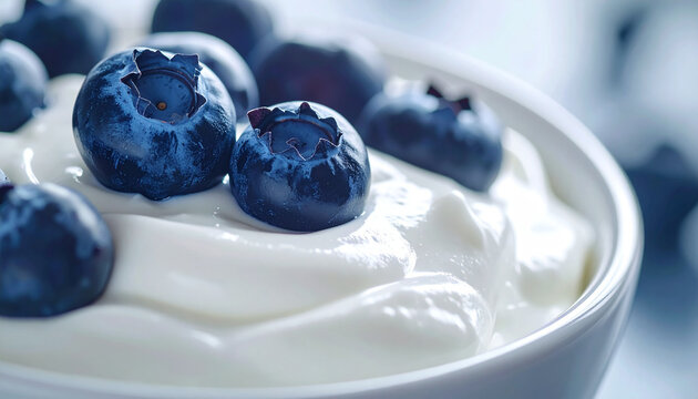 Creamy Greek yogurt in ceramic bowl, plump ripe blueberry, healthy dairy breakfast and diet food concept, protein rich summer snack.