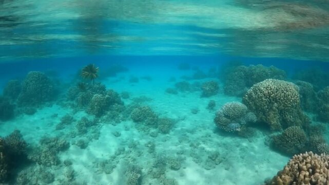 FPV drone gliding low over turquoise lagoon waters in Bora Bora, coral patterns visible