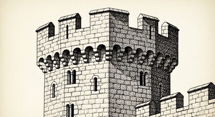 Obraz premium Detailed Architectural Drawing of a Medieval Castle Tower.